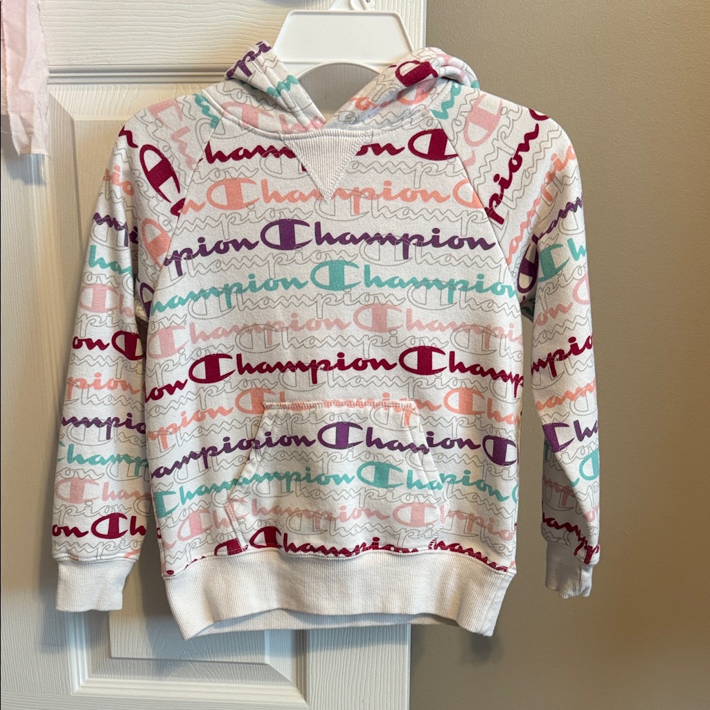 Champion Kids White Hoodie With Multicolor Logo